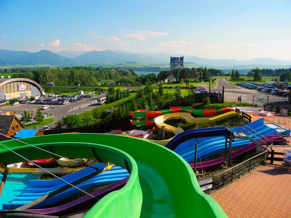 Liptovsky Mikulas, Slovakia - June 4, 2015: Aquapark Tatralandia, situated in picturesque places Tatr. Slide at aquapark Tatralandia located in the open part.
