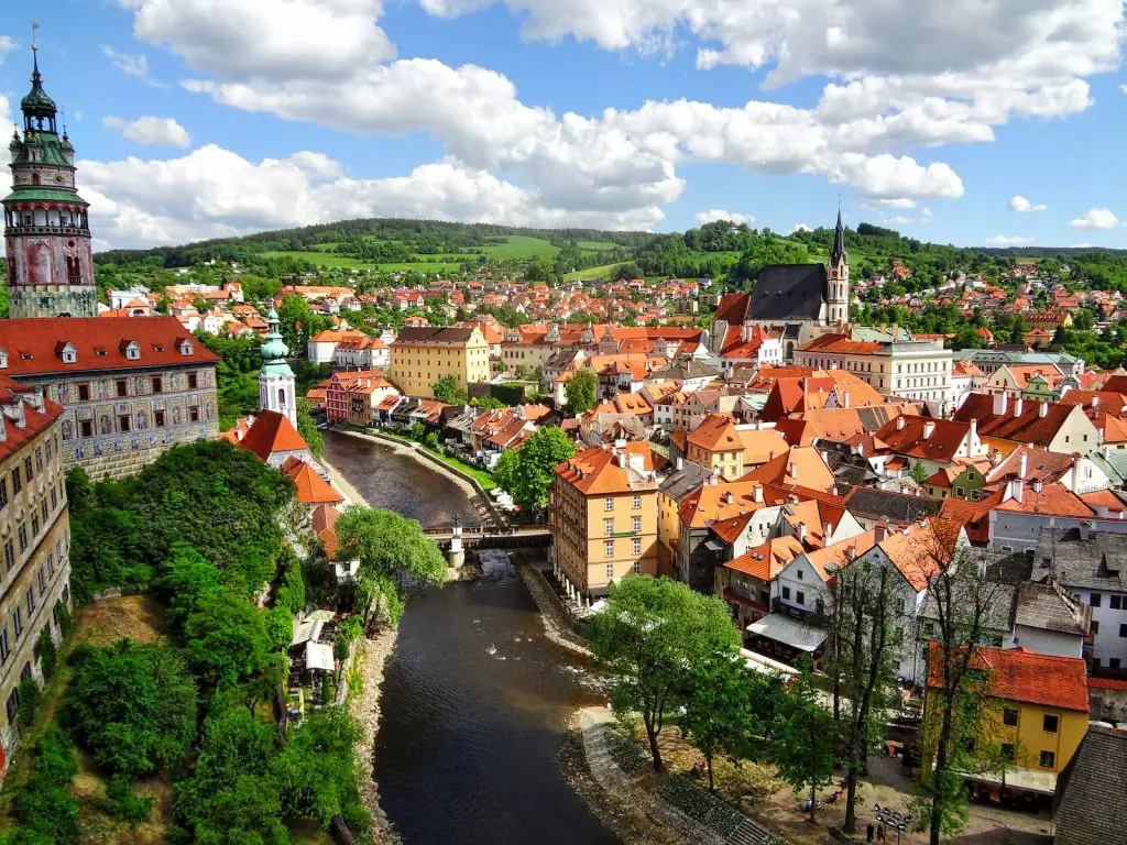 aerial view of city buildings during daytime, Český Krumlov, Czech Republic