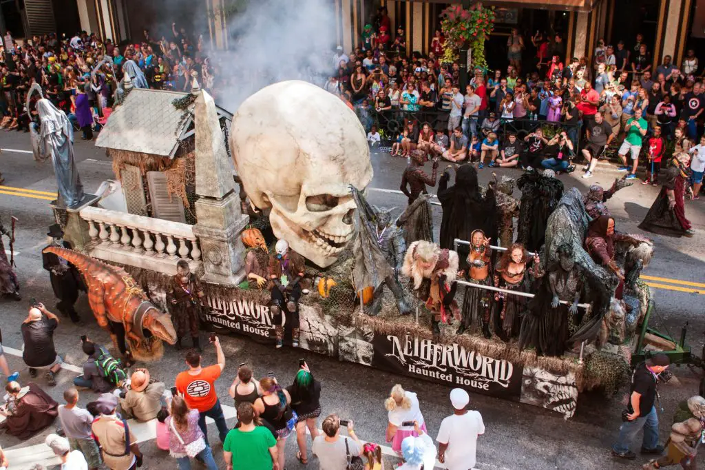 Atlanta, Ga, USA - September 3, 2016: A huge parade float with a giant human skull promotes a haunted house as it travels down the parade route of the annual Dragon Con parade on September 3, 2016 in Atlanta, GA.